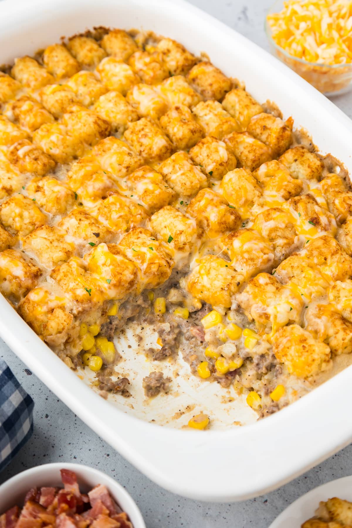 cowboy casserole cooked in white baking dish
